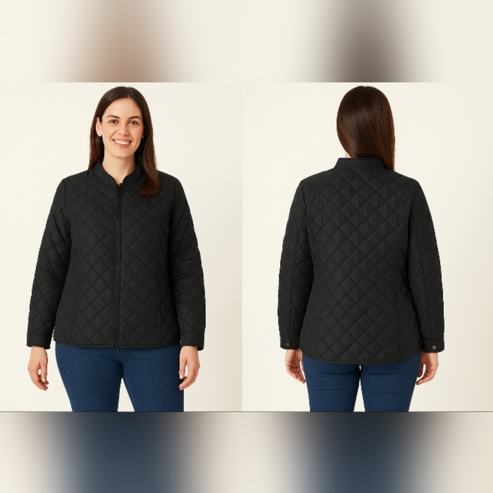 Woman Within Black Quilted Jacket  Y2K Waterproof Zip Up Coat, Everyday Grunge L